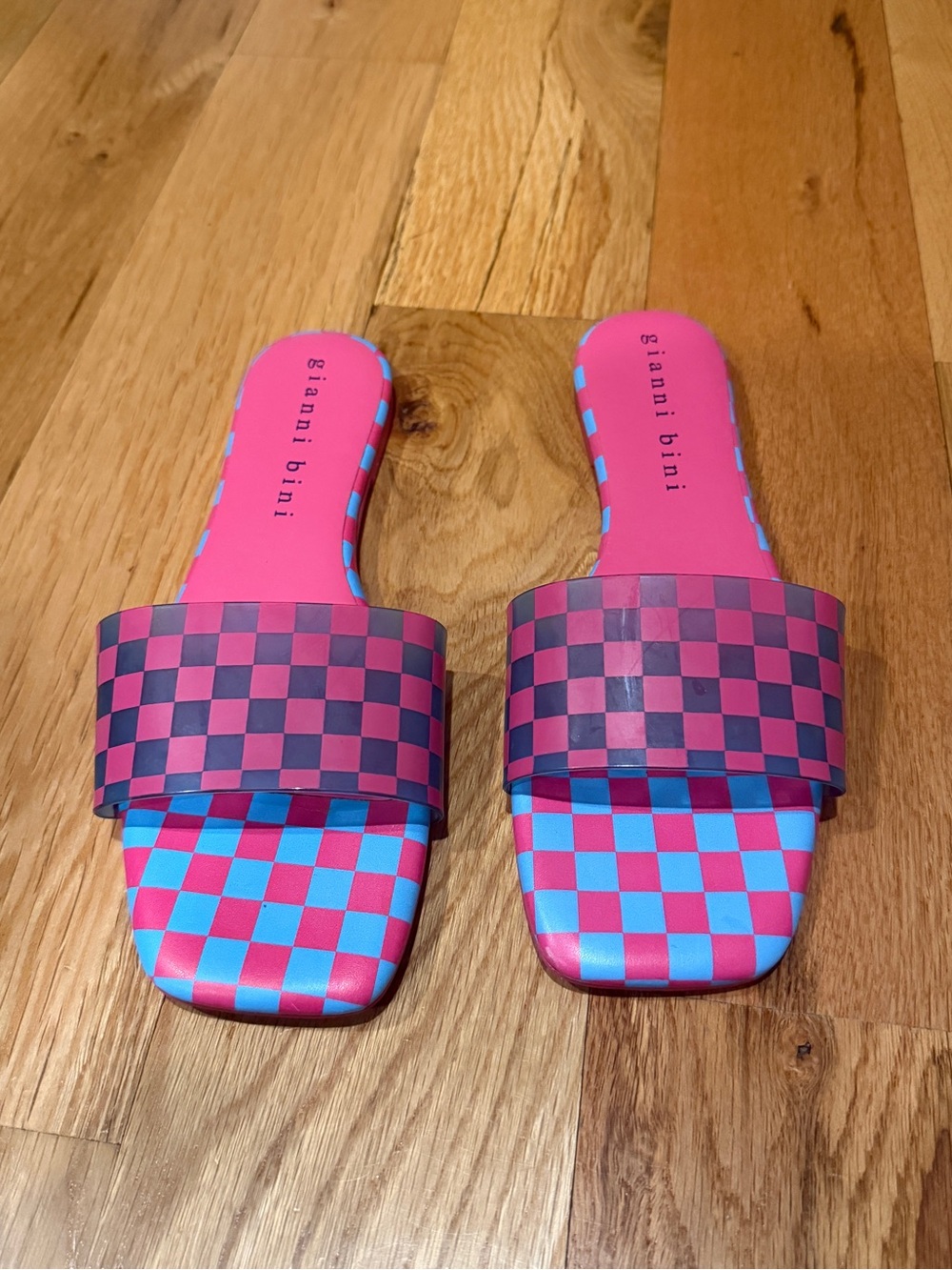 Gianni Bini Pink and Blue Check Slide Sandals